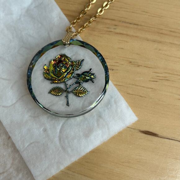 Vintage Germany Glass Reverse Carved Iridescent Rose Round Pendant Necklace - Picture 2 of 10